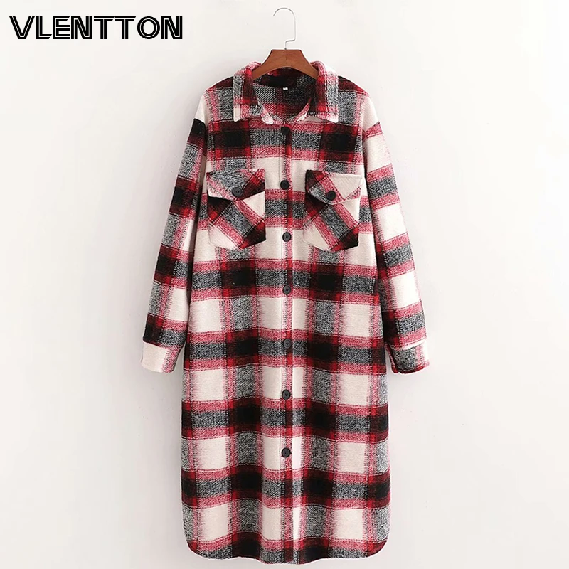 

2020 Autumn Winter Casual Long Wool Coat Women Fashion Vintage Plaid Warm Jacket Outwear Female Loose Overcoat Ladies