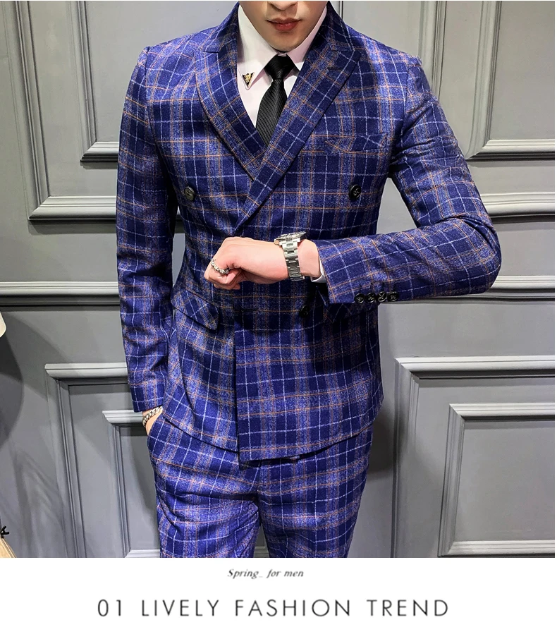 Черный, серый, синий клетчатый костюм для мужчин Slim Fit Свадебное платье для мужчин из трех частей s двойные приталенные пиджаки сценическое элегантное платье Q763