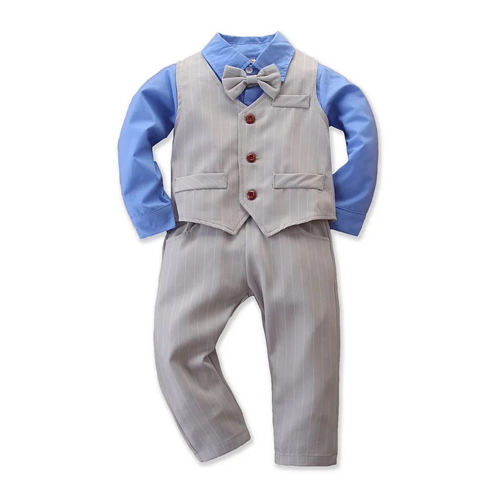 Костюм Джентльмена для мальчиков 2-7 лет, одежда для маленьких мальчиков, футболка с длинными рукавами+ серый жилет+ полосатые штаны, детская одежда, галстук-бабочка для мальчиков, D25 - Цвет: Синий