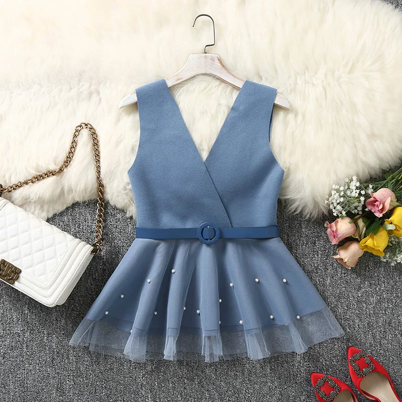 Beading blue Neploe Осень Зима без рукавов куртка с бисером V образным вырезом розовый пэчворк сетки майки тонкий пояс пуловер элегантный Camis 46975 - Цвет: Beading blue