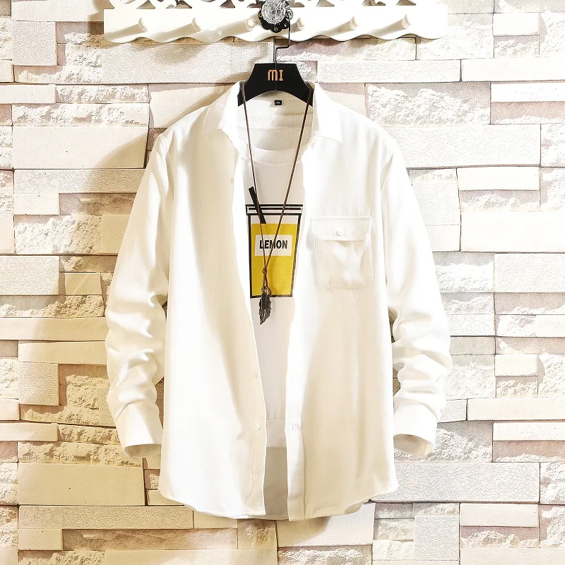 Privathinker Men Solid Loose 8 Colors Shirts Mens Collage Korean Shirt Male Autumn Fashion Clothes Streetwear Tops Oversize - Color: White(AsianSize)