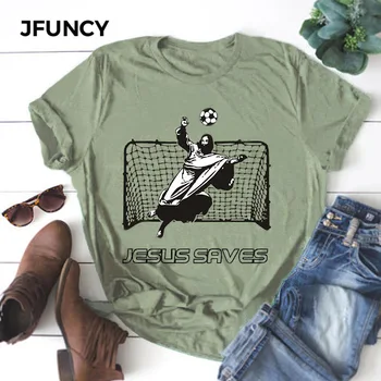 

JFUNCY Jesus Goalkeeper Letter Print Cartoon Tshirt Women Cotton Harajuku Summer T-shirt 4XL 5XL Plus Size Shirt Tee Female Tops