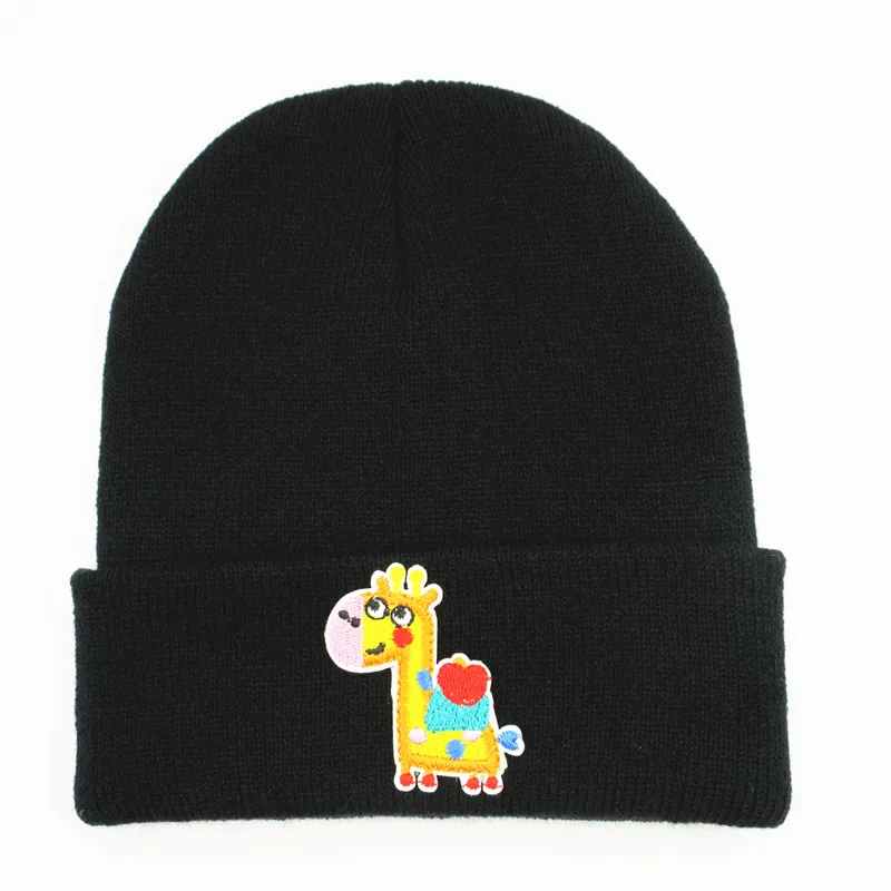 cotton Cartoon giraffe embroidery Thicken knitted hat winter warm hat Skullies cap beanie hat for men and women 361 - Цвет: Черный