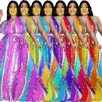 

Plus Size Dress Fashion Plus Size Chain Hit Color Print Beach Dress Summer New Style Pregnant Women Can Wear