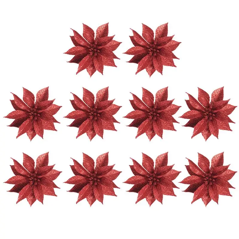 10pcs Fashion Glitter 2 Layer Mini Artificial Flower Heads For Home Wedding Decoration Scrapbooking DIY Christmas Tree Flowers - Цвет: Красный