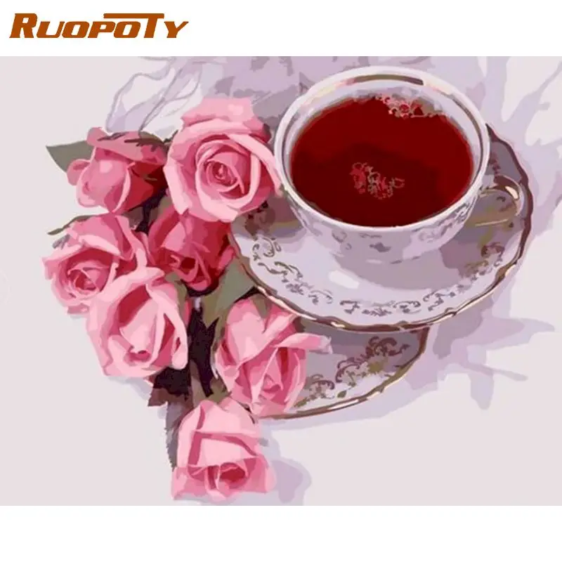 

RUOPOTY Frame DIY Painting By Numbers Rose Afternoon Tea HandPainted Oil Painting Acrylic Painting Unique Gift Home Decoration