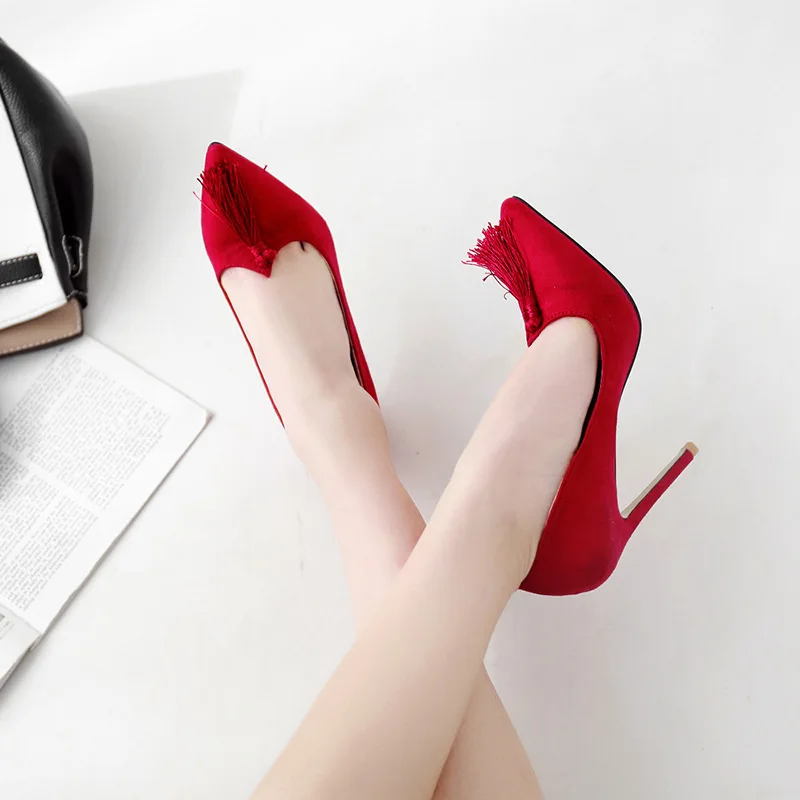 

2019 New Style Elegant Tassel Irregular Shoes Mouth Pointed-Toe Suede Thin Heeled High Heels Marriage Shoes WOMEN'S Shoes