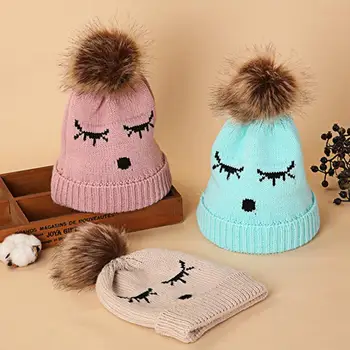 

Cute Eyelashes Print Kid Baby Boy Girl Pompom Beanie Cap Warm Winter Knitted Hat Kids Baby Hats Knitted Wool Hemming Hat