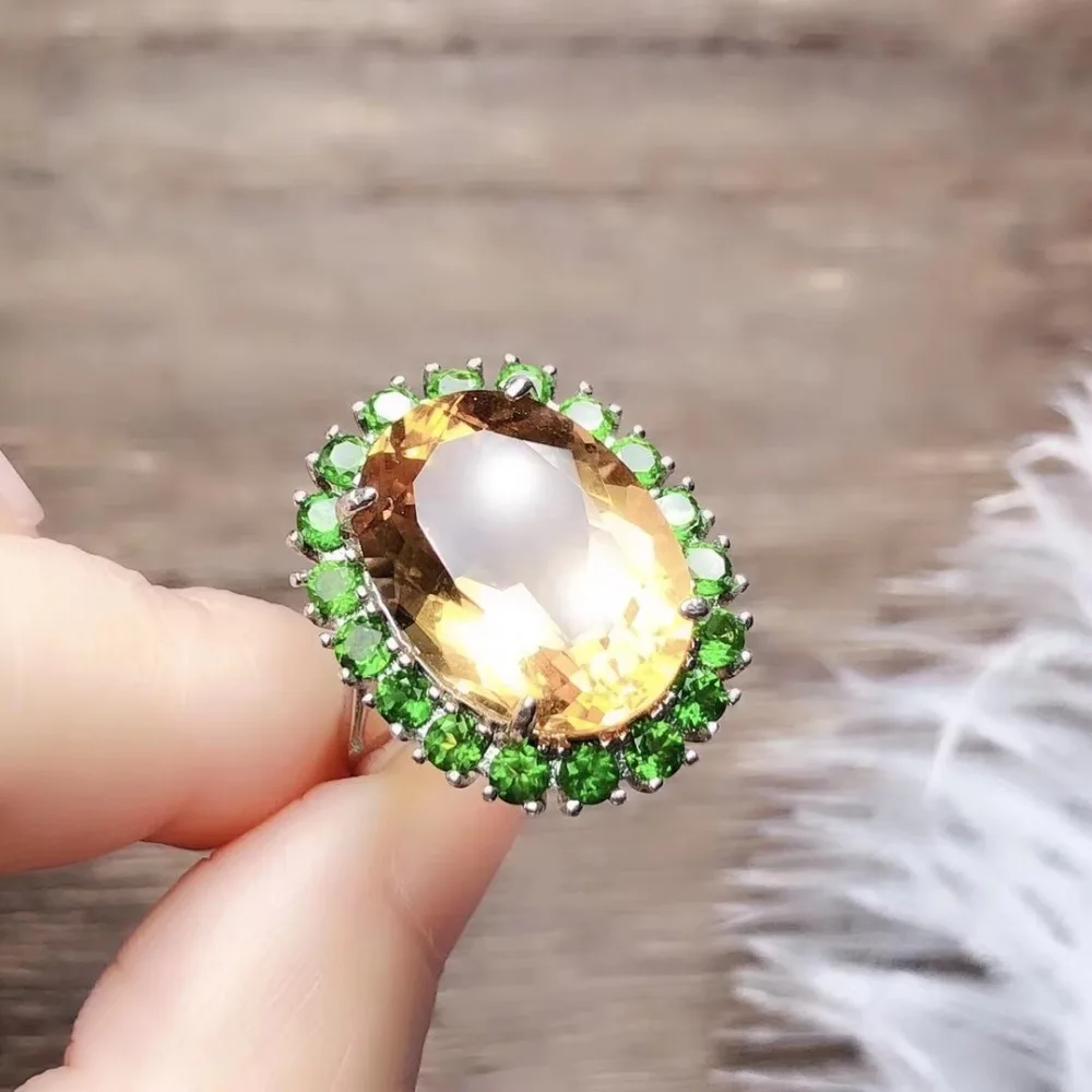 Free shipping Real natural Original citrine Inlay Natural Diopside 925 sterling silver Fine yellow gem 13*18mm