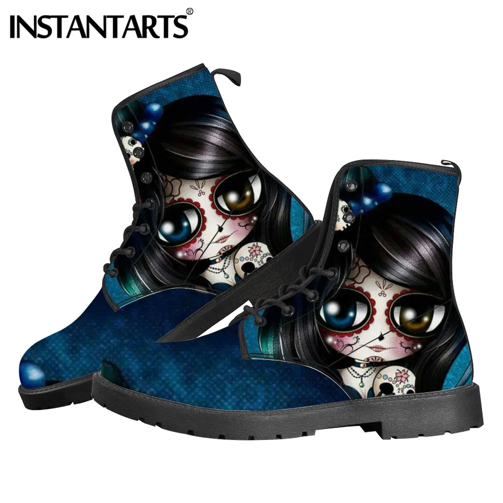 

INSTANTARTS Casual Women Winter Lace-up Botas Female Leather Snow Gothic Ankle Boot Warm Sugar Skull Print Ladies Flats Sneakers