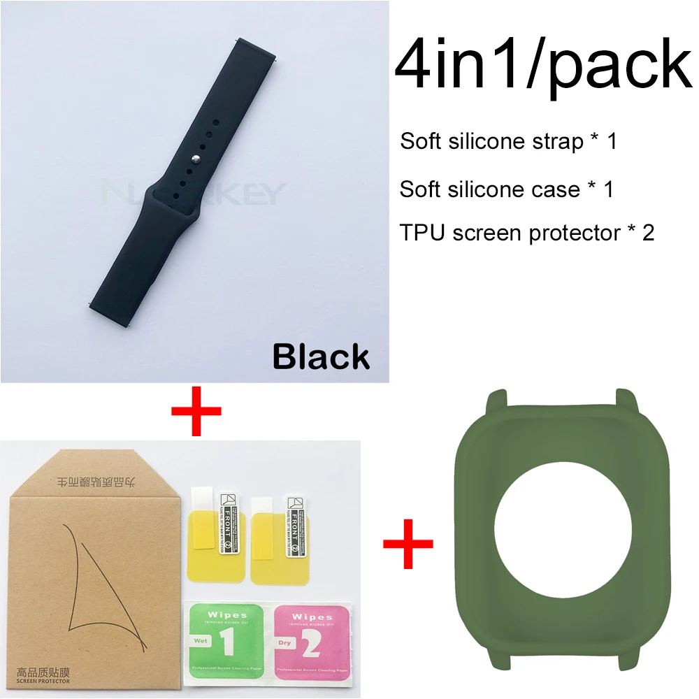 4в1 Мягкая силиконовая лента для Xiaomi Huami Amazfit GTS ремешок браслет часы с Мягкий силиконовый чехол Защитная пленка для экрана - Цвет: Black-Army Green