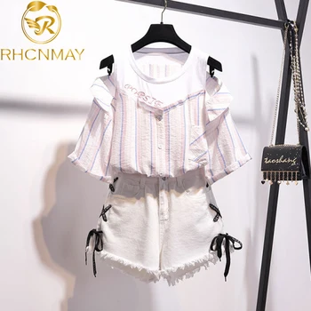 

New Fashion 2 Piece Shorts Sets Summer Sweet Korean Off Shoulder Striped Tops and Tassel Shorts 2 Pieces Sets Women Clothing