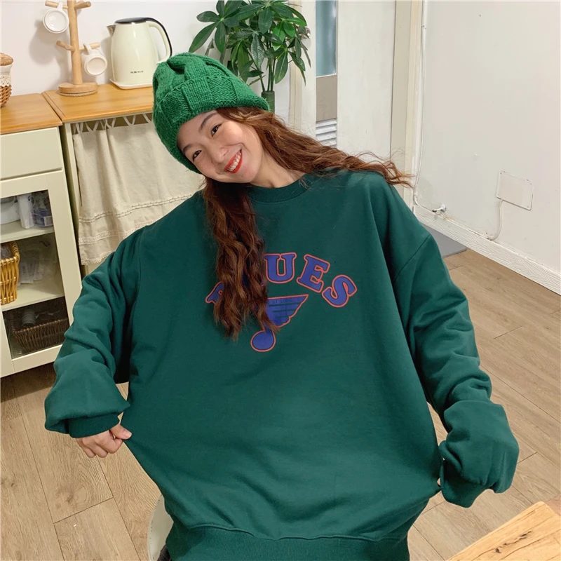 Letter Print Hoodies Women O-Neck Long Sleeve Long Sweatshirts Pullovers Casual Coat Autumn Korean Harajuku Loose Hoodies V529