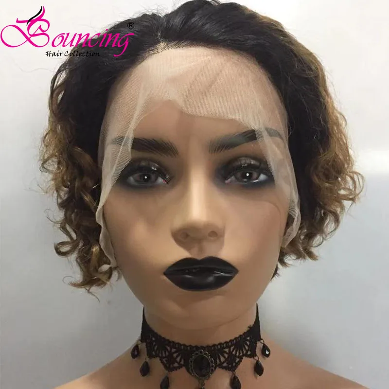 Bouncing Hair 1b/27 Short Pixie Cut Wigs Curly 13*4 Lace Front Wigs 150 Density Low Ratio Human Remy Hair Free shipping
