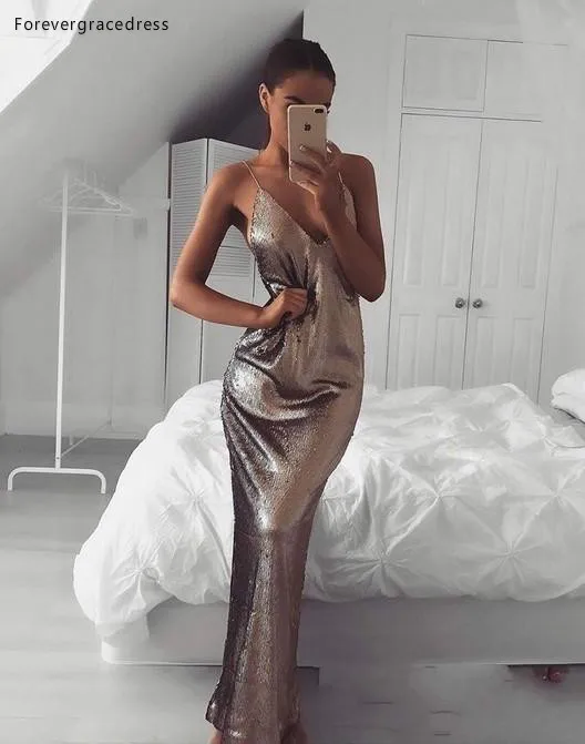 Chic Sexy Low Backless Sequined Evening Dresses 2018 Sheath Spaghetti Straps Sleeveless Women Party Gowns Prom Dress Cheap 95 (3)