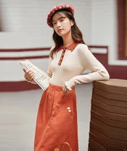 INMAN 2020 Autumn Winter New Arrival Skirt High Waist Pure Cotton Embroidered Elastic Waist Solid Color Temperament Skirt