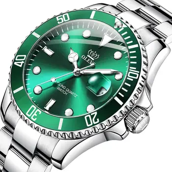

OLEVS Men Watch Luxury Brand Auto Date Sport Smart Green Dial Quartz Waterproof Luminous Stainless Steel Wristwatch Mesh Swim