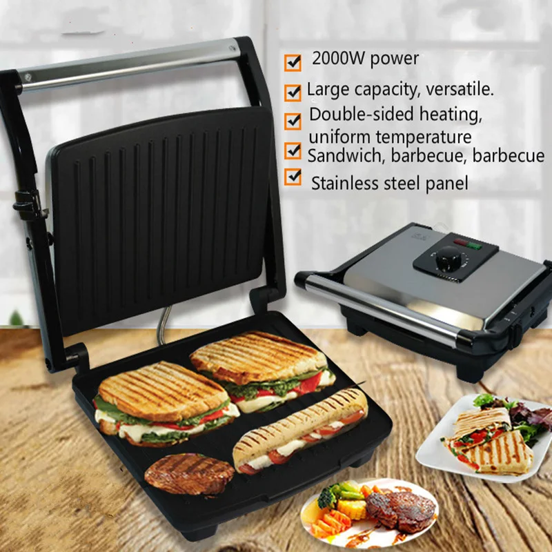 

220V BBQ Steak Hamburger Grill Barbecue Meat Roaster Breakfast Machine Egg Frying Pan Panini Sandwich Maker Bread Oven Plate