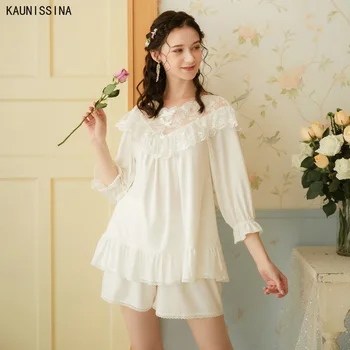 

Cotton Pajamas Suit Women Summer Princess Sleepwear 3/4 Sleeve Shirt Shorts Two Piece White Pajama Set Loose Soft Lingerie