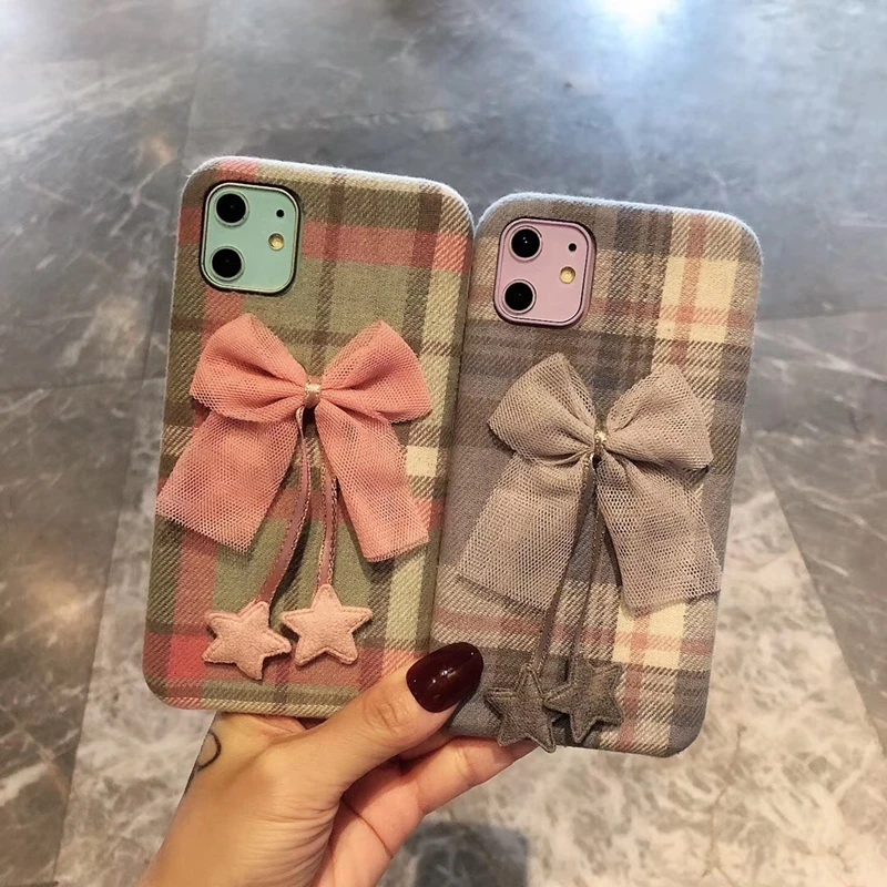 

Fabric Cloth Grid Phone Case For Apple iPhone X XR 11 Pro XS Max Cover For iPhone 8 7 6S 6 Plus Lattice Lace Bow Tie Soft Case