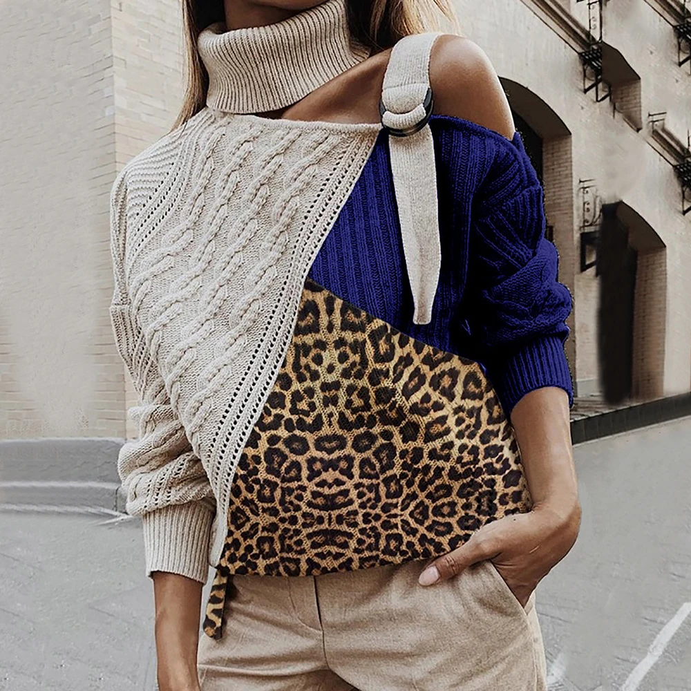 Laamei женский леопардовый лоскутный свитер с высоким воротом, сексуальный вязаный свитер с открытыми плечами, пуловер с длинными рукавами и рукавом летучая мышь, топы