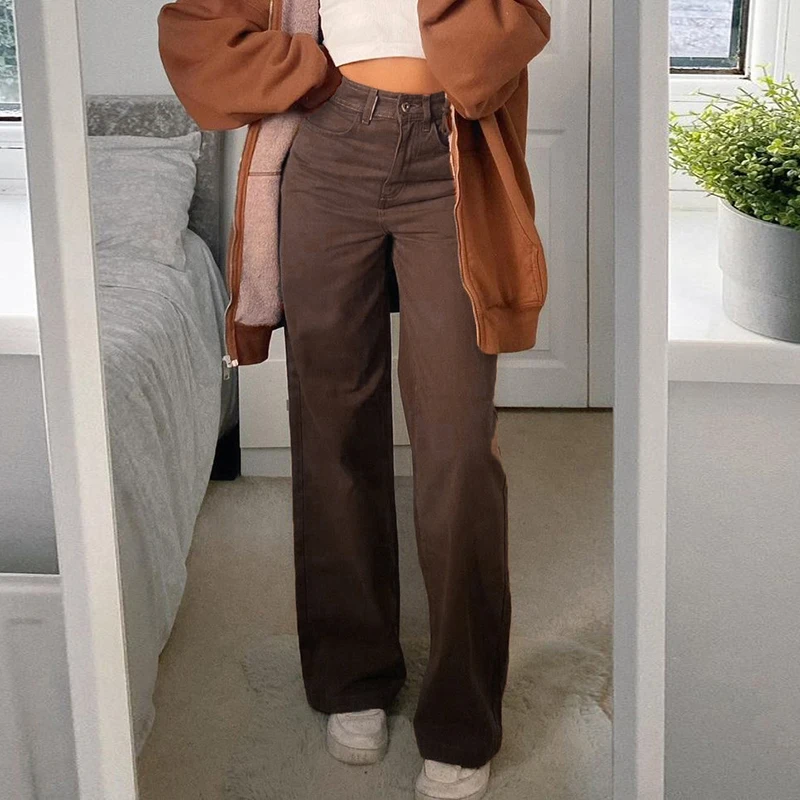 Pantalones Cargo Vintage Y2K para mujer, ropa de calle de los 90, marrón caramelo, de cintura baja, rectos, sueltos, estéticos
