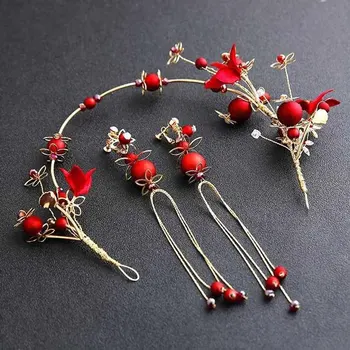 

FORSEVEN Red Flower Crystal Tiaras and Crowns Headbands Tassel Earrings Jewellry Sets Chinese Wedding Dress Hair Accessories