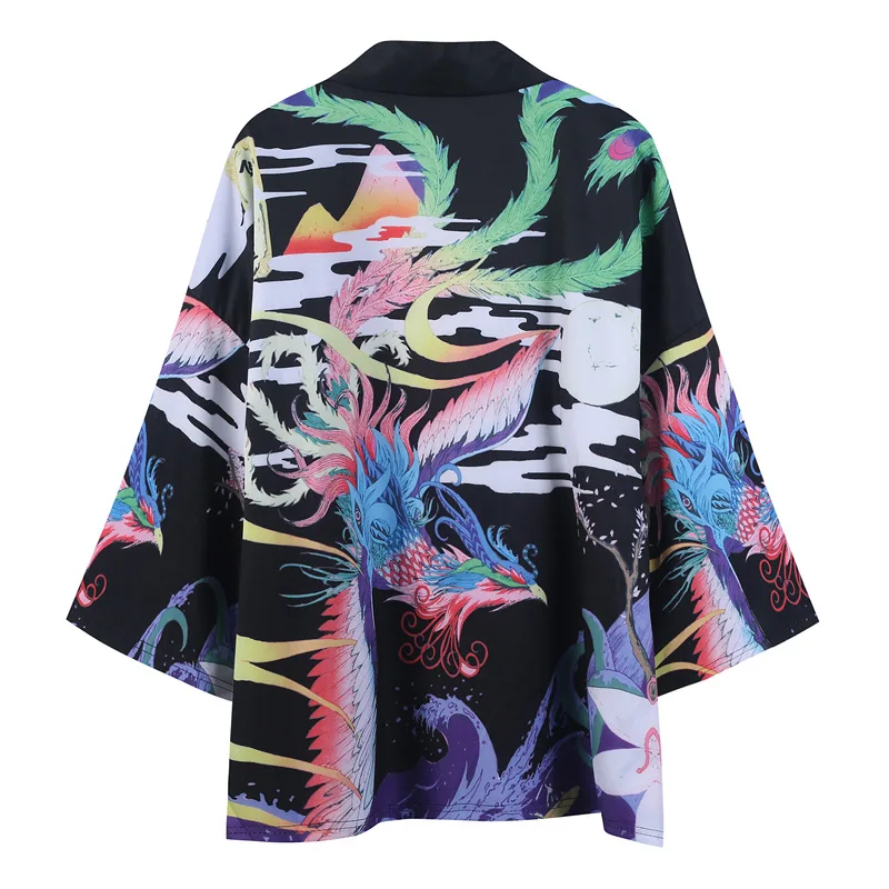 Dragon Printed Black White Men Obi Male Yukata Kimono Cardigan Men's Haori Samurai Traditional Japanese Clothing