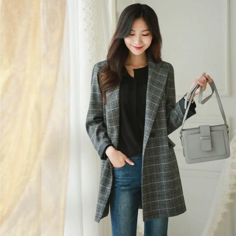 

South Korea Dongdaemun Spring And Autumn New Thousands of Birds Commuting Double Breasted Casual Plaid Suit Retro Small Suit Coa