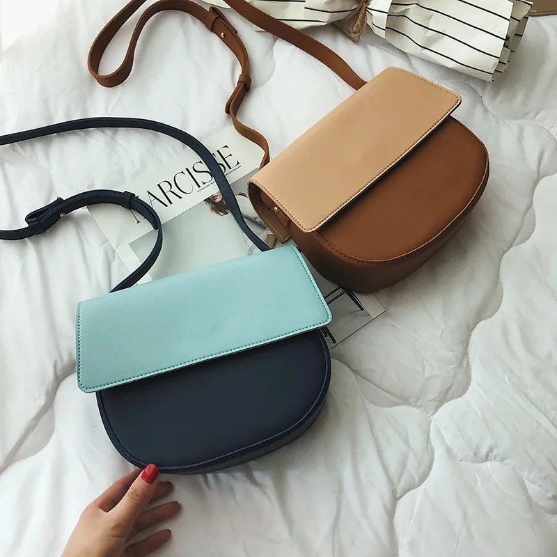 

2019 Spring And Summer New Style Minimalist Fashion Pu Contrast Color WOMEN'S Bag Versatile Shoulder Saddle Bag INS Fashion Casu