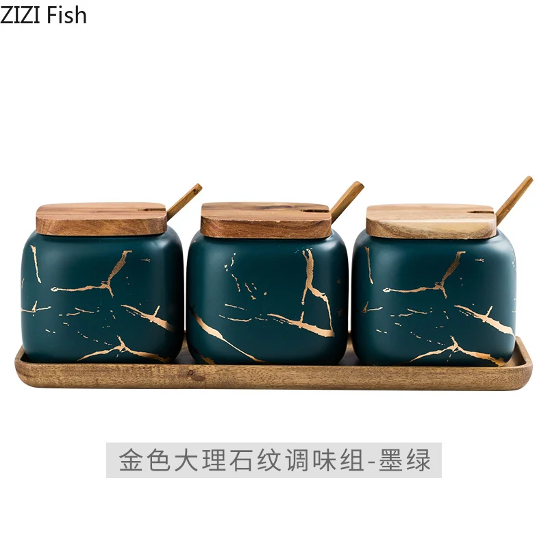 Marble Pattern Ceramic Kitchen Seasoning Tank Set Wooden Cover Sugar Salt Storage Tank Salt Shaker Spice Jar Kitchen Accessories