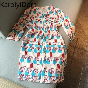 

Women's dress 2020 New Small Umbrella Print Loose Shell Buckle Lantern Sleeve Dress Eleagnt Single-breasted Dress Women Clothes