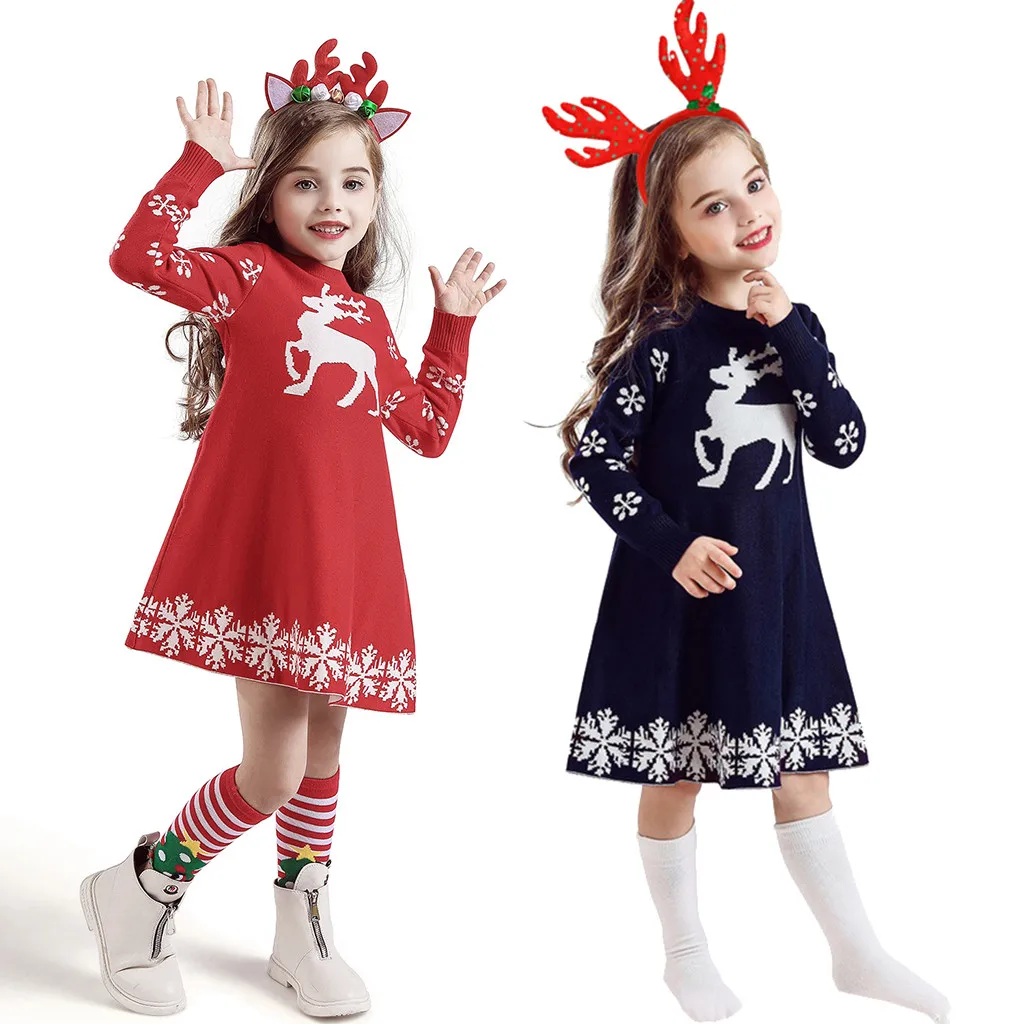 Зимнее вязаное платье с рождественским оленем для маленьких девочек+ повязка на голову; одежда с длинными рукавами; хлопковые мягкие детские платья для девочек