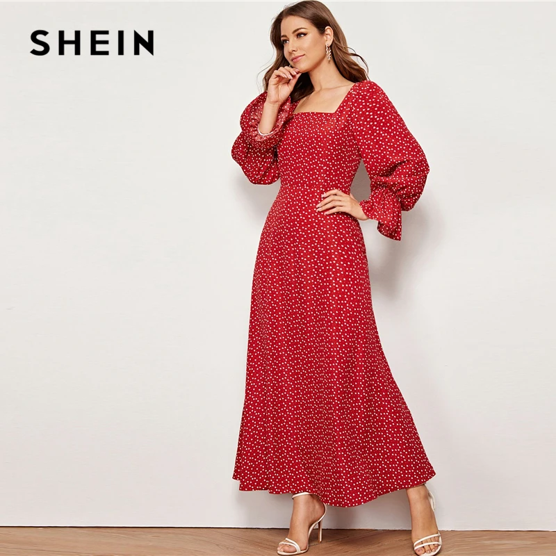 SHEIN красное Элегантное Длинное Платье с квадратным вырезом и принтом сердца, Осенний рукав-волан, высокая талия, молния сзади, расклешенные Макси платья