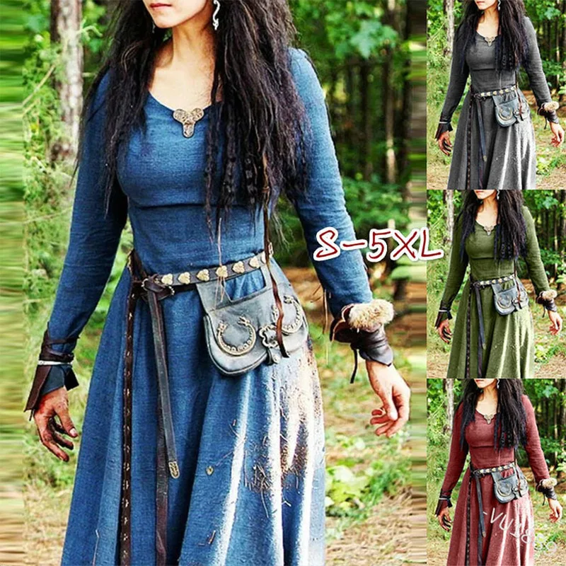Vestido Medieval de manga larga para mujer, maxivestido Vintage de hada Elven, ropa gótica vikinga celta renacentista, vestido de baile de fantasía