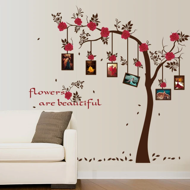 Red Flower Floral Leaf Colourful Decorative Decal Wall Stickers For