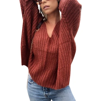

Women Jumpers V-Neck Full Sleeve Loose Knitted Sweater Tops Solid Color High Street Style Ladies Pullovers