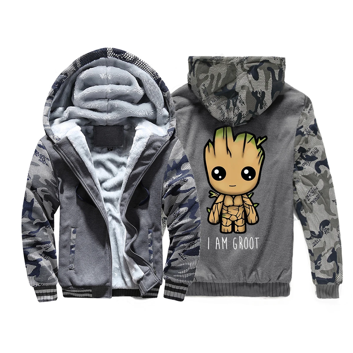 Мужские пальто с камуфляжным принтом Young Groot, модные милые толстые толстовки с капюшоном, зимняя Толстовка для фитнеса, уличная одежда для мужчин, теплые флисовые куртки