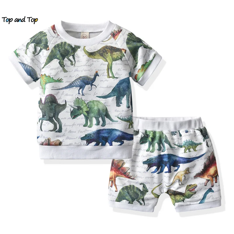 

top and top Toddler Kids Boys Girls Clothes Set Casual Dinosaur Print Short Sleeve Tshirt Tops+Shorts 2PCS Outfits Sportwear