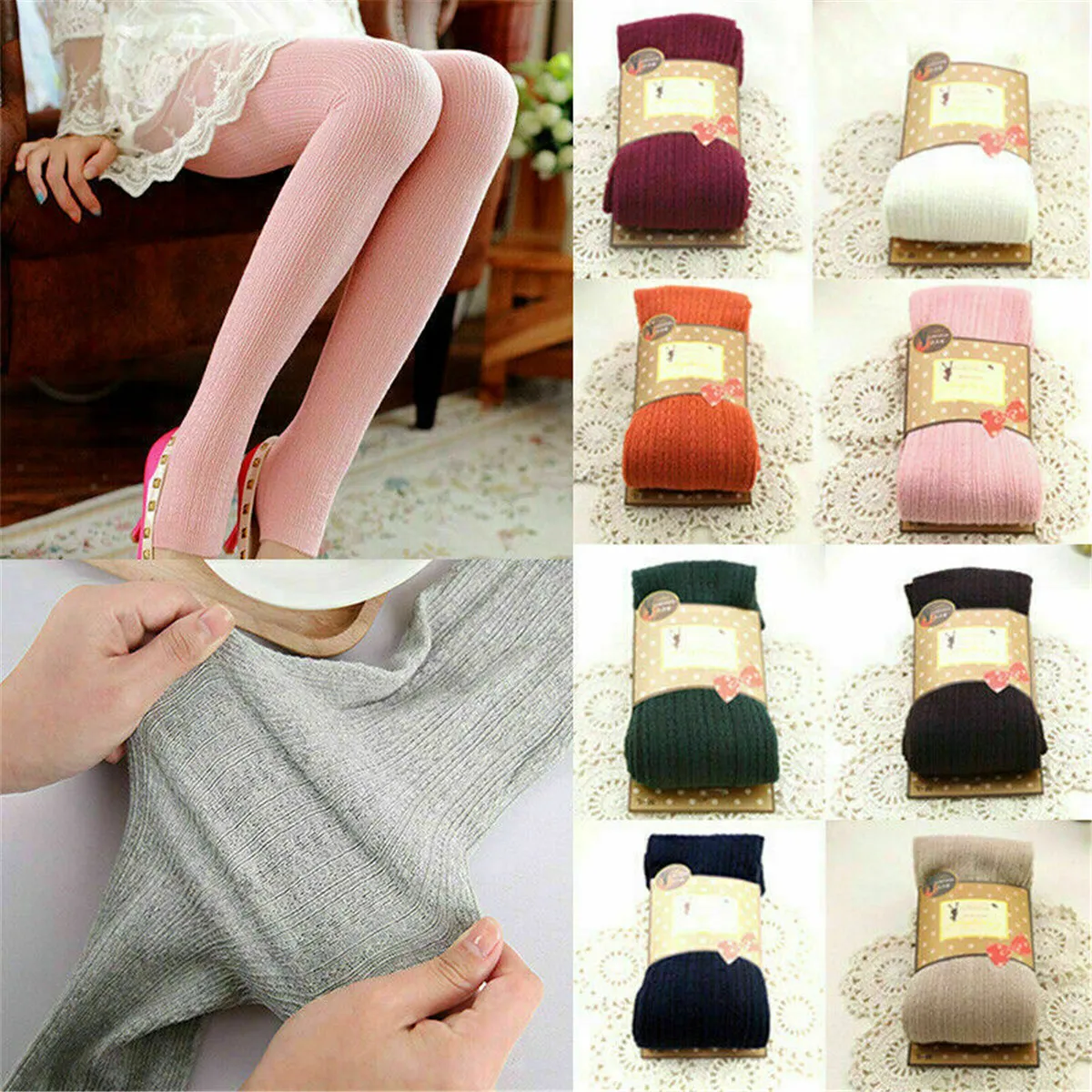 Women Winter Wool Cable Knit Sweater Footed Tights Stretch