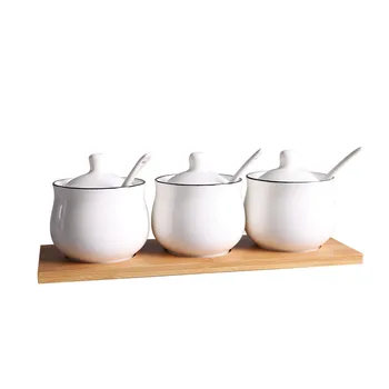 

3 in 1 Creative Ceramic Seasoning Box Household Seasoning Can Set with Wooden Tray Seasoning Bottle Set Custom Factory Direct