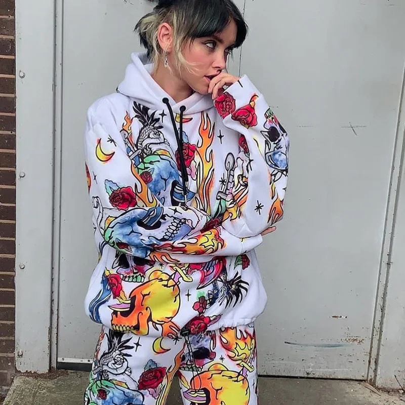 

2020 Autumn Women Sweatshirts Hip Hop Cool High Street Oversize Loose Skull Printing Pullover Long Sleeve Tops Hooded Costume
