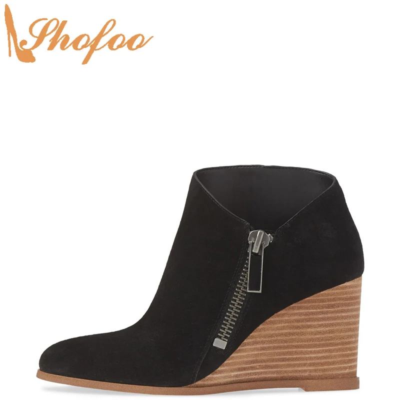 

Black Ankle Boots High Wedge Heels Almond Toe Woman Booties Zipper Large Size 14 15 For Ladies Fashion Sexy Mature Shoes Shofoo