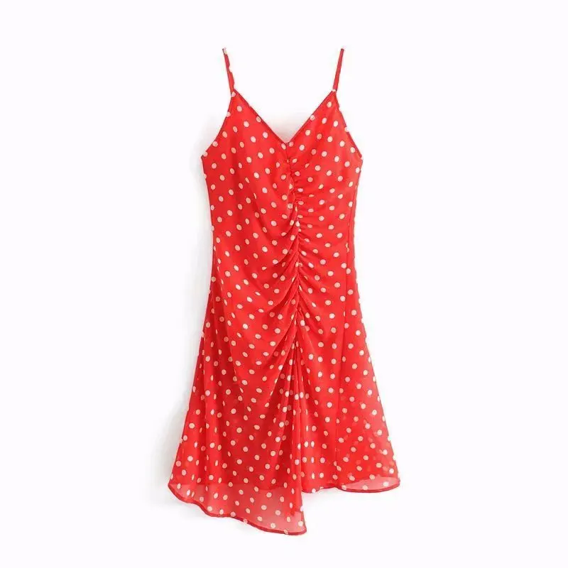 

2020 Spring Europe And America WOMEN'S Dress New Style Polka Dot Printed Pleated Backless Strapped Dress 827-6690