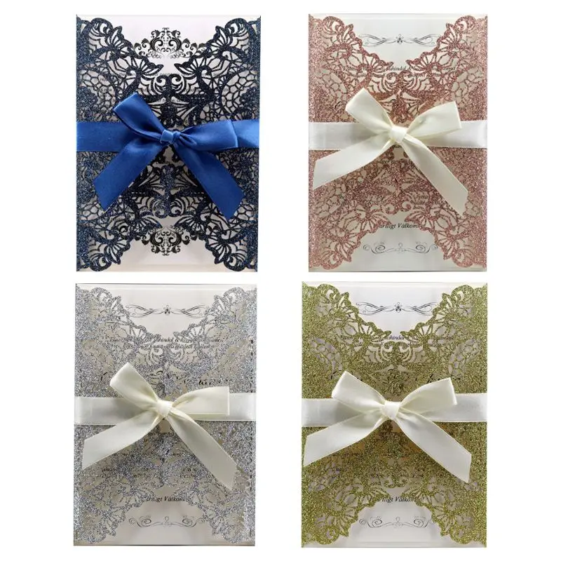  10pcs/set Laser Cut Glitter Lace Wedding Invitation Cards With Bow Ribbon Envelopes For Bridal Show - 4000036192400