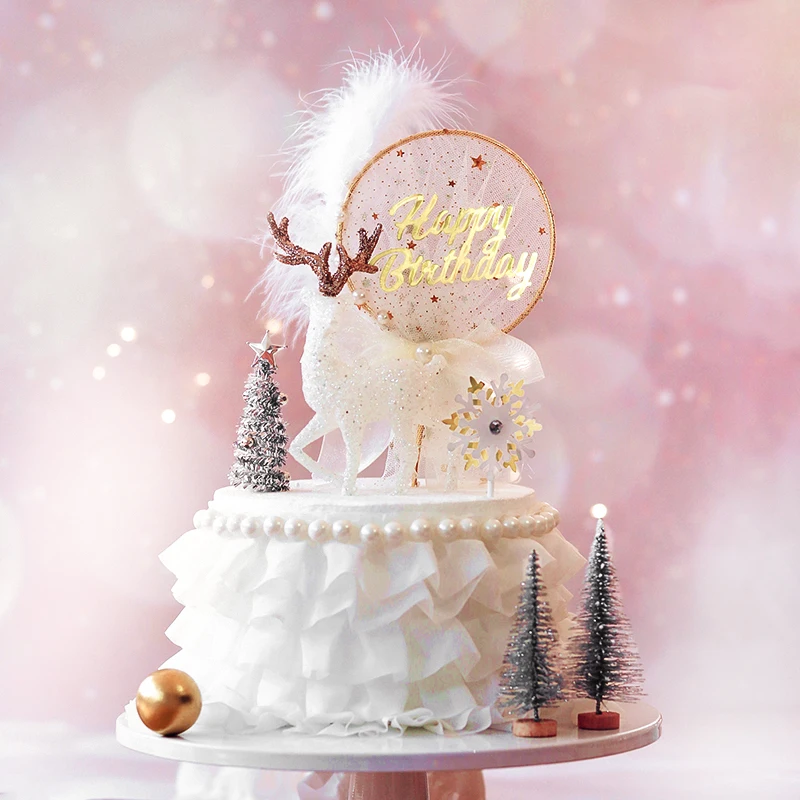 Украшение для торта в виде лося с кристаллами, вечерние украшения на год, украшение в виде перьев, украшение на день рождения, принадлежности для выпечки, сладкие подарки в виде снежинки