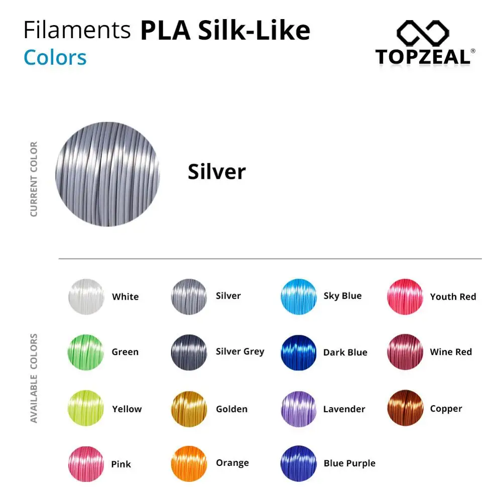 TOPZEAL, высокое качество, нить для 3d принтера, PLA Silk, 1,75 мм, 1 кг, серебристого цвета, шелковая текстура, ощущение 3D, материал для печати