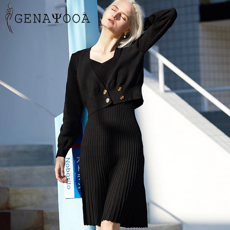 Genayoa, винтажный комплект из двух предметов, длинный рукав, трикотаж, Женский комплект из 2 предметов, v-образный вырез, юбка, набор, элегантные женские костюмы