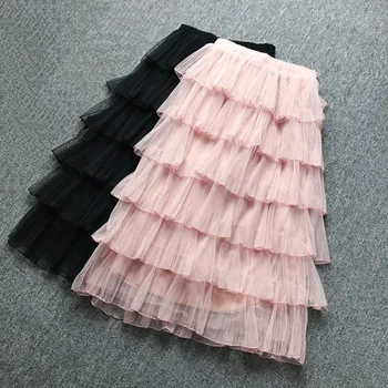 

Pleated Satin Skirt 6 Layers High Waist Women Clothing Mesh Party Skirt 2020 New Spring Casual Ankle-Length A-Line Cake Skirt