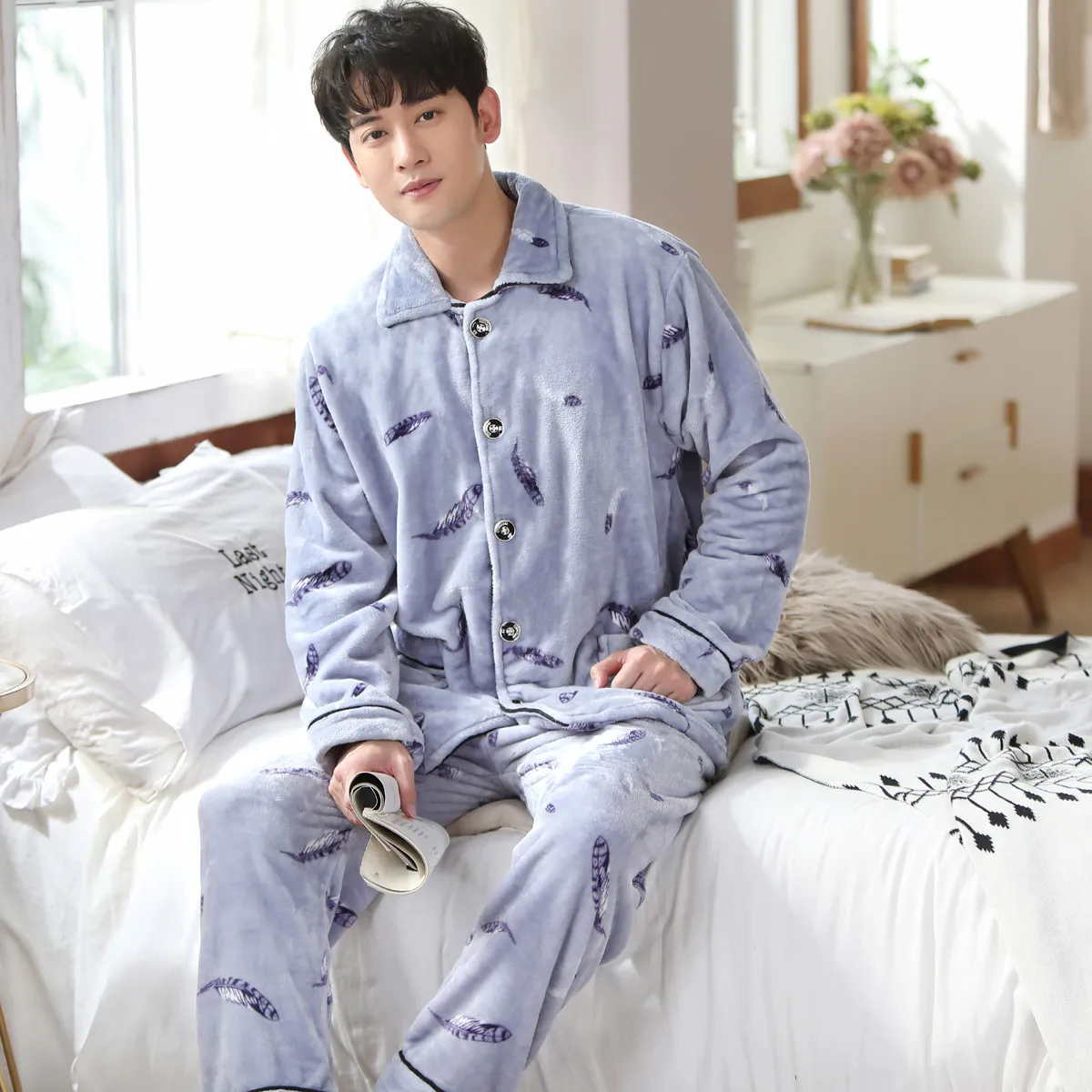 mens silk pajamas Plus Size 3XL Grey Nightwear Long Sleeve Winter Thicken Warm Flannel Pajamas Sets Soft Sleepwear Long Pant Male Men Pajamas Sets mens brushed cotton pyjamas